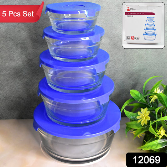Stackable glass bowls with matching lids, showcasing various sizes for storage.