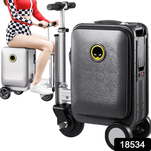 Person riding the Electric Scooter Suitcase through an airport terminal, showcasing effortless mobility.