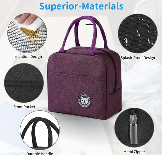 Side view of insulated lunch bag showing multiple pockets