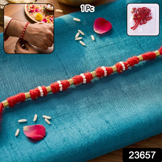 Handmade red cotton rakhi with traditional beadwork