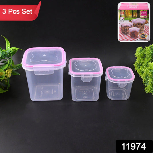 Set of three transparent kitchen storage containers with secure locking seals