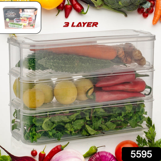 Stackable fridge storage containers holding fresh vegetables and fruits inside a refrigerator.