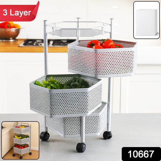 3-layer multipurpose kitchen storage trolley with hexagon basket design and wheels