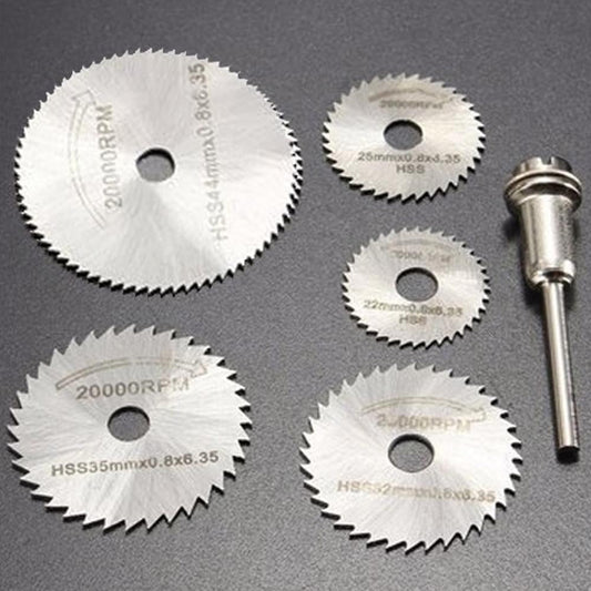 Close-up of the six HSS metal cutting discs for various materials.
