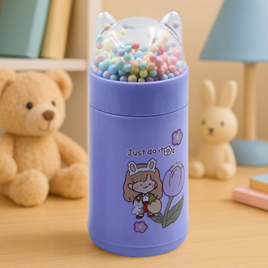 Stylish Girl's Glass Water Bottle with a charming cat lid, perfect for school.