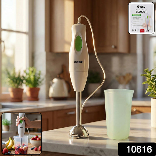 Orbit electric hand blender showing ergonomic handle and stainless steel blade