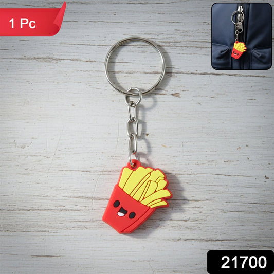 Close-up of cute French fries shaped keychain attached to a bag