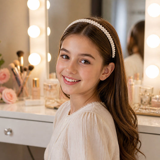 Close-up of white pearl hairband for women, stylish accessory