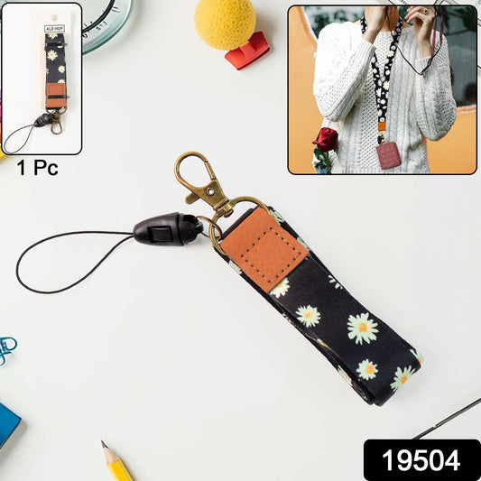 Short neck lanyard featuring floral pattern and metal clip hook for badges