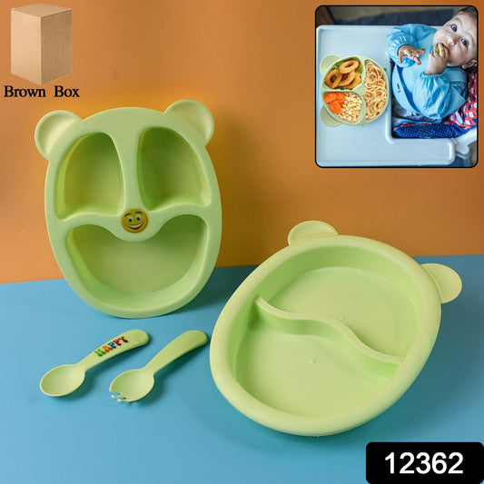Colorful 4-piece baby mealtime set including feeding spoons and divided plates