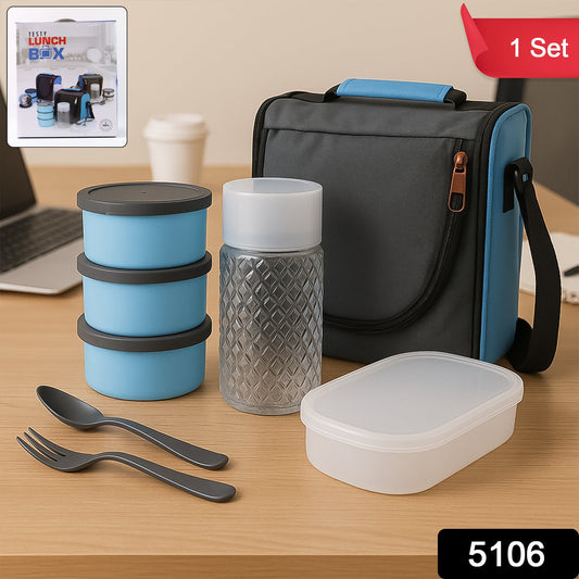 Components of the all-in-one Lunch Box Set including containers, bottle, and bag.