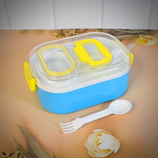 Vibrant blue Kids Lunch Box with integrated spoon and fork, perfect for school meals.