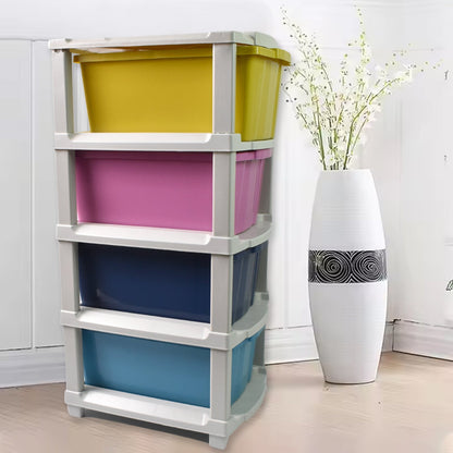 A 4-layer plastic drawer organizer with a sturdy frame, ideal for home and office use.