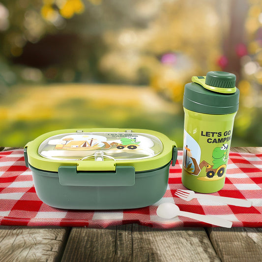Leak-Proof Lunch Box Set in blue, showing 3 compartments, bottle, spoon, and fork.