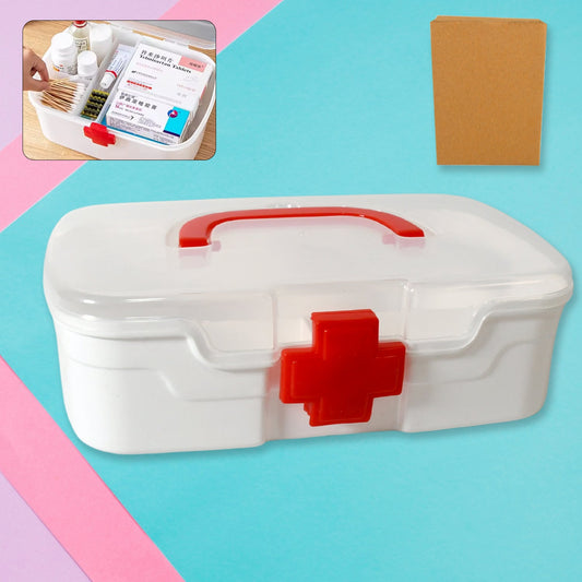 White portable medicine storage box with a transparent lid and red cross symbol, shown from the front.