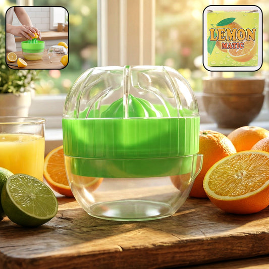 Manual citrus juicer with splash cover squeezing lemon juice efficiently