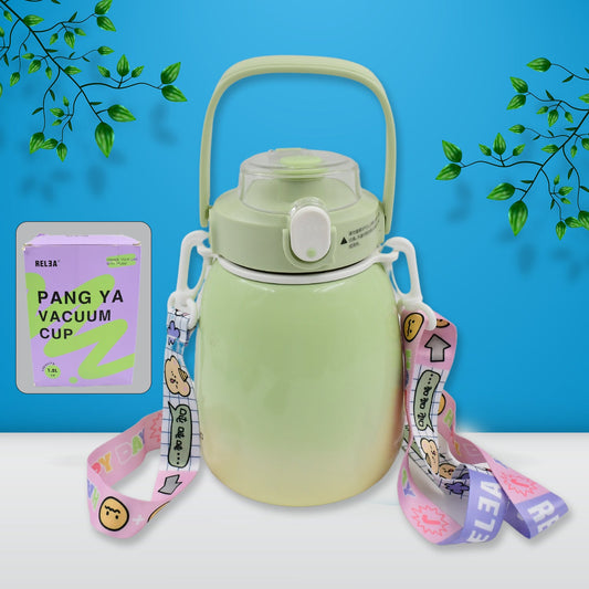 Front view of the 1200ml insulated stainless steel mug with a sturdy handle and adjustable strap.