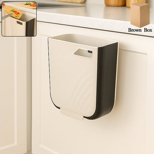 Hanging trash can in a collapsed state, showcasing its space-saving design.