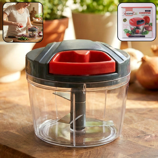 Compact manual hand-press vegetable chopper showing full product