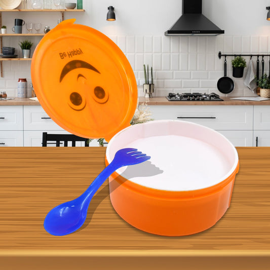 Multicolour plastic kids lunch box with a 2-in-1 spoon for school.