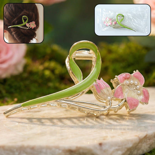 Floral hair claw clip with green leaf and pink flower design