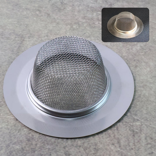 Close-up of dome-shaped stainless steel sink strainer mesh