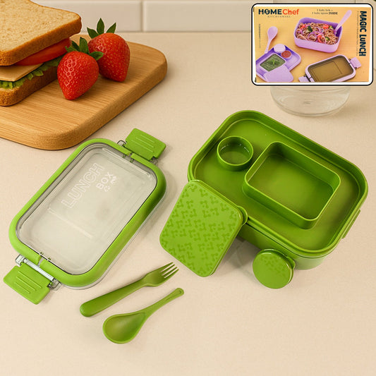 Magic lunch box showing leakproof compartments and spoon-fork set inside
