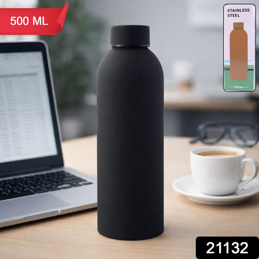 Stainless steel water bottle with sleek black finish shown upright
