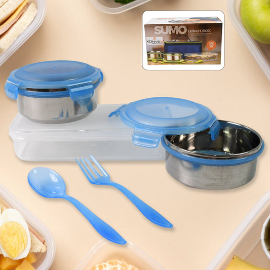 Konvex insulated lunch box set with two containers, an insulated fabric bag, and a spoon-fork set, ready for daily use.