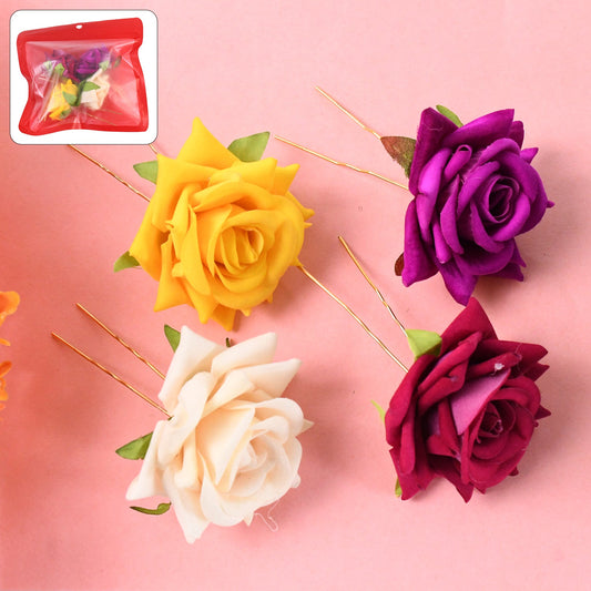 Multicolor flower hair pin showing vibrant rose design on dark hair
