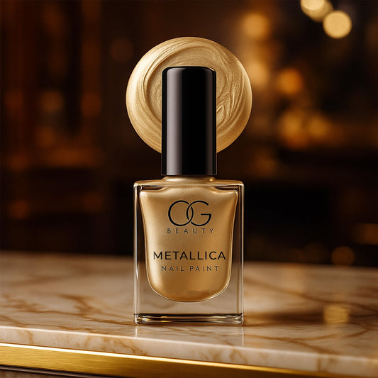 OG Beauty metallic nail polish bottle with vintage brass gold finish