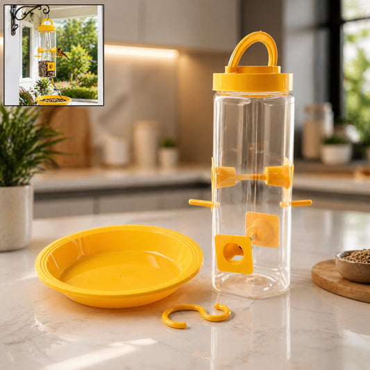 Hanging bird feeder with multiple feeding ports in garden setting