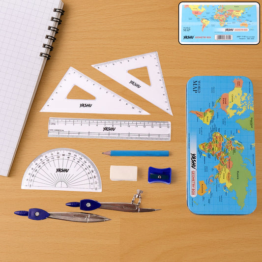 Complete geometry box set with compass in metal case featuring world map design
