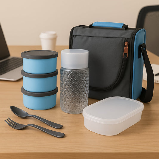 Insulated Lunch Box Set with fabric carry bag and steel bottle.