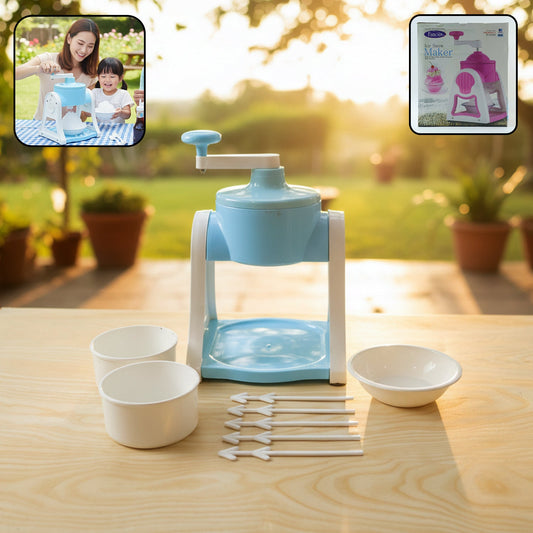 Manual ice gola maker in blue color showing assembled portable ice slush machine