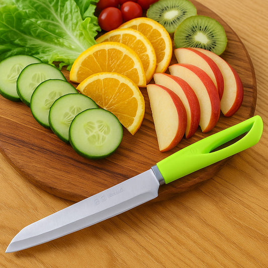 Premium kitchen utility knife with sharp stainless steel blade on white background