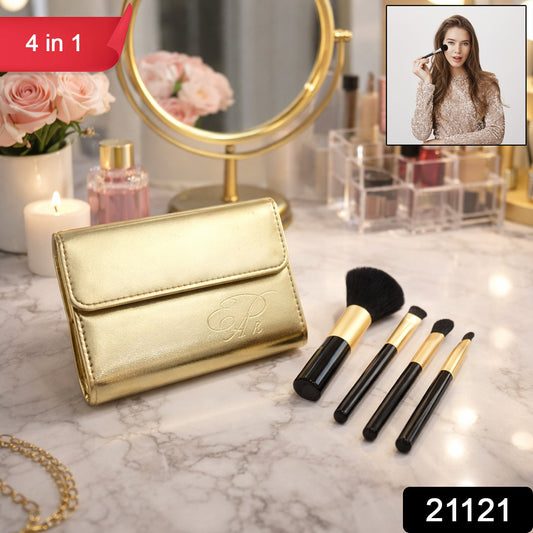 Compact brush set for face and eye makeup in travel pouch