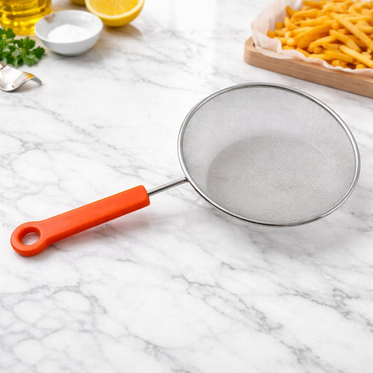 Medium fine mesh kitchen strainer with a strong handle grip