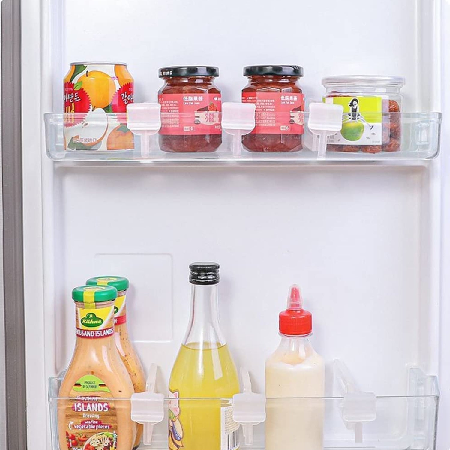 Versatile fridge storage organizer clips for different sized items.