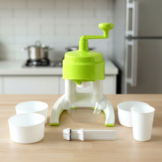 Manual ice crusher with hand crank and colorful bowls for snow cones