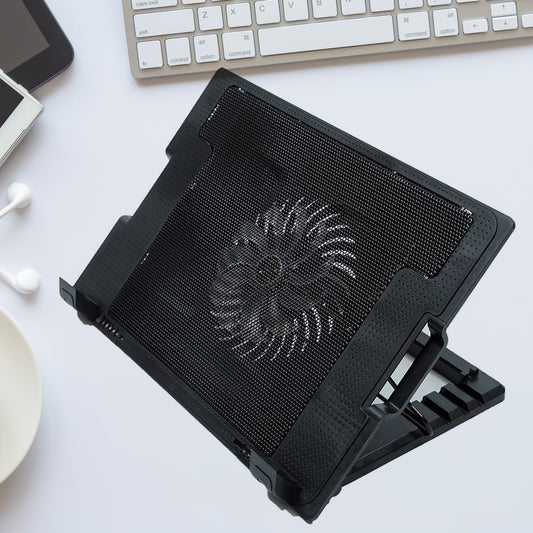 Sleek black laptop cooling pad with fan and adjustable stand, ready for use.