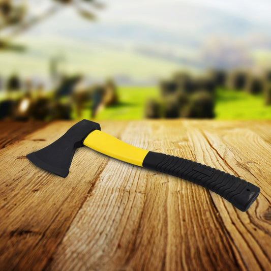 Durable hatchet axe with fiberglass handle for wood splitting.