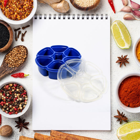 Top-down view of the 7-section spice container with clear lid.