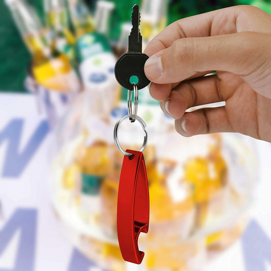 Compact metal bottle opener keychain in red metallic finish