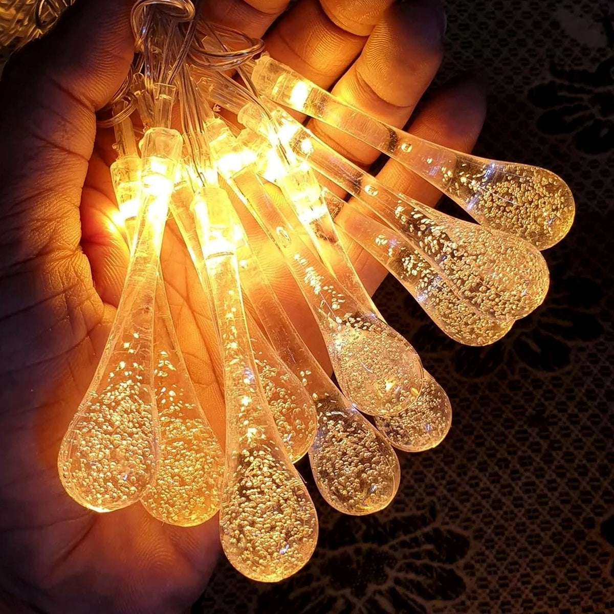 3-meter long LED string lights with unique water drop shaped bulbs.