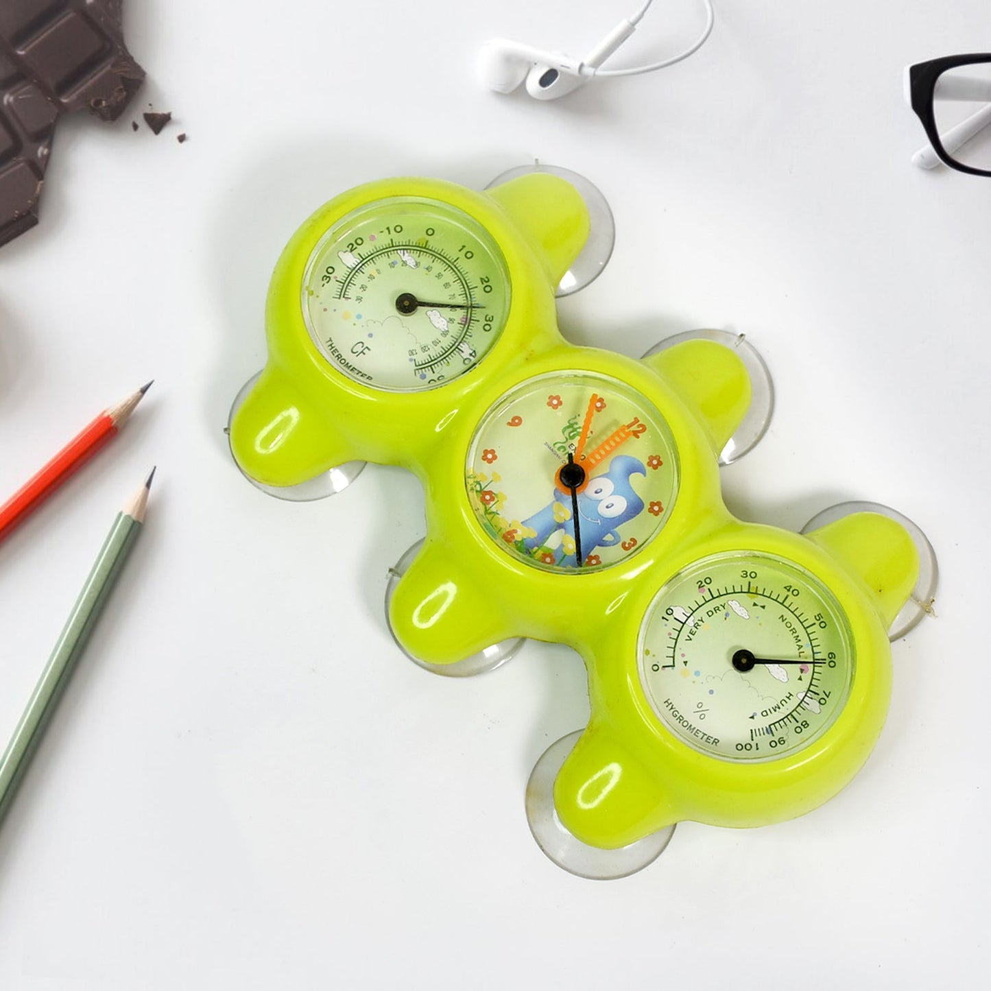 Indo Glow precision desktop clock from an elevated angle, highlighting its compact design.