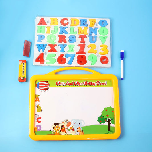 Kids writing board set displaying magnetic letters and numbers on double-sided whiteboard and blackboard