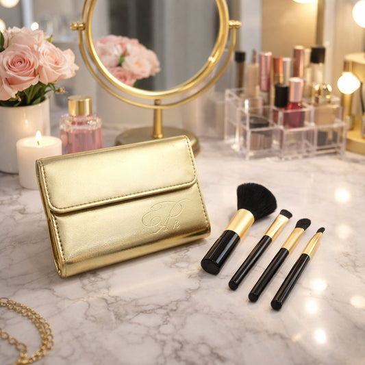 Portable makeup brush set with storage pouch and essential brushes