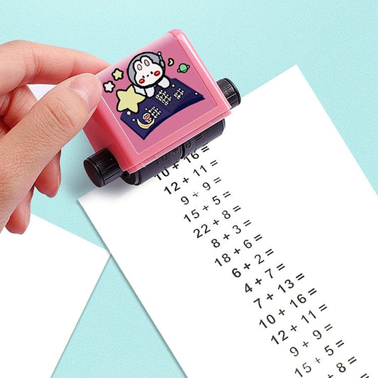 Addition and subtraction math roller stamp printing problems for kids.