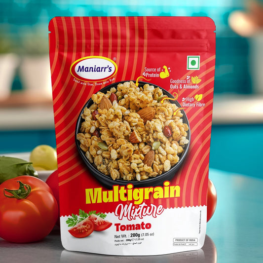 Close-up of Maniarr's Tomato Roasted Multigrain Mixture, highlighting its crunchy texture and tomato seasoning.